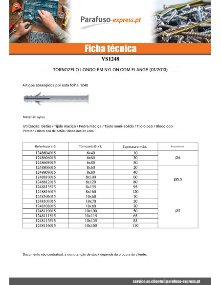 Bucha Nylon comprido gola 8X160 para Parafuso 5,5