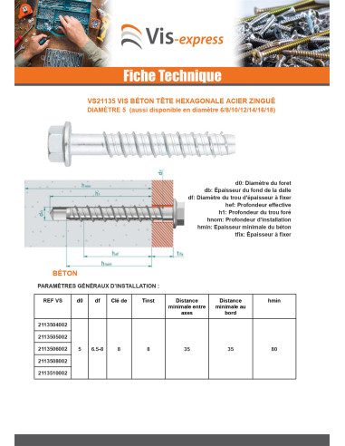 Parafuso de betão cabeça hexagonal flange com gola TORX T8 5X40 Aço zinco branco