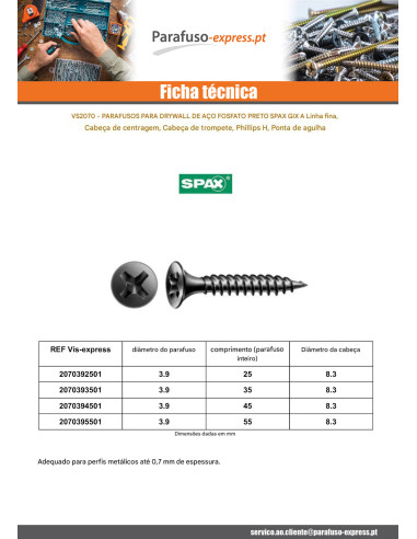 Parafusos para placas de gesso Spax Phillips 2 3,9X55 Aço fosfatizado GIX-A