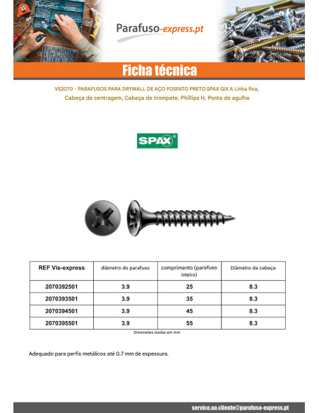 Parafusos para placas de gesso Spax Phillips 2 3,9X55 Aço fosfatizado GIX-A