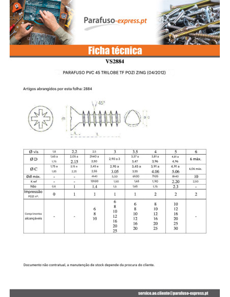 Parfuso de pvc TRILOBE cabeça fresada Pozi 2,5 x 10 FILÉ45 Aço zinco branco microparafusos