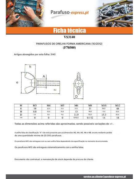 PARAFUSO orelhas M10X25 forma americana Aço zinco branco