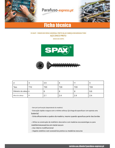 Spax Parafuso de madeira cabeça fresada TORX T10 3X25 roscado sobre 21 Aço zinco preto microparafusos
