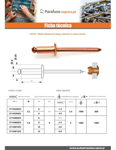 Rebite Cabeça redonda padrão barra de cobre bronze 3,2 x 8 espessura de serrilha 3 con 5
