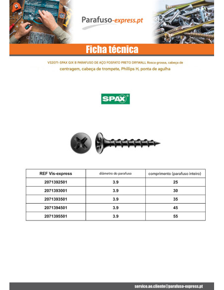 Parafusos para placas de gesso Spax Phillips 2 3,9X45 Aço fosfatizado GIX-B