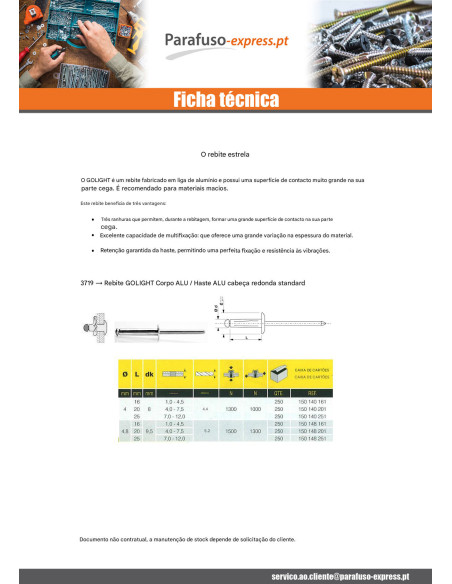 Rebite Cego GOLIGHT ALU/ALU Cabeça redonda padrão 4X20