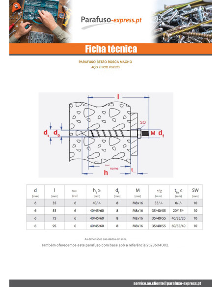 Parafuso de betão cabeça ROSQUEADO MACHO 6X55 Aço zinco branco