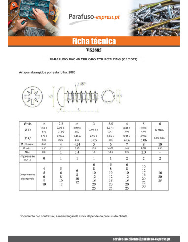 Parfuso de pvc TRILOBE cabeça cilíndrica panela Pozi 2,2 x 6 FILÉ45 Aço zinco branco microparafusos