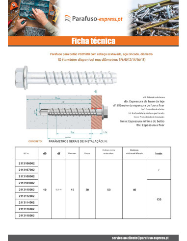 Parafuso de betão cabeça hexagonal flange com gola TORX T15 10X90 Aço zinco branco