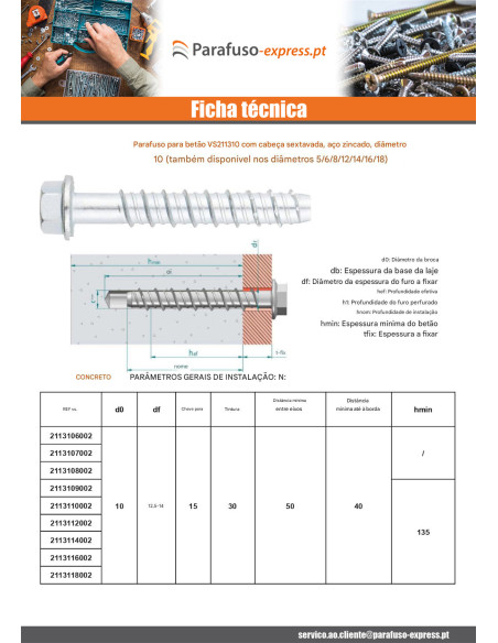 Parafuso de betão cabeça hexagonal flange com gola TORX T15 10X90 Aço zinco branco