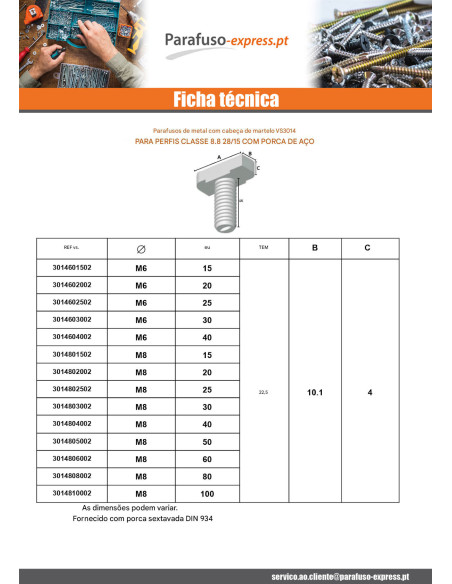 Parafuso de metais cabeça martelo M8X100 para 28/15 perfis Classe 8.8 com nozes Aço bruto