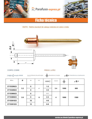 Rebite Cabeça redonda padrão haste de cobre latão 3,8 x 8 espessura de serrilha 2 con 4
