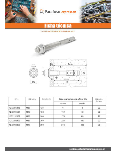 Bucha metálica Fixações R-XPTIIIZP M20X300 Aço zinco branco RAWLPLUG