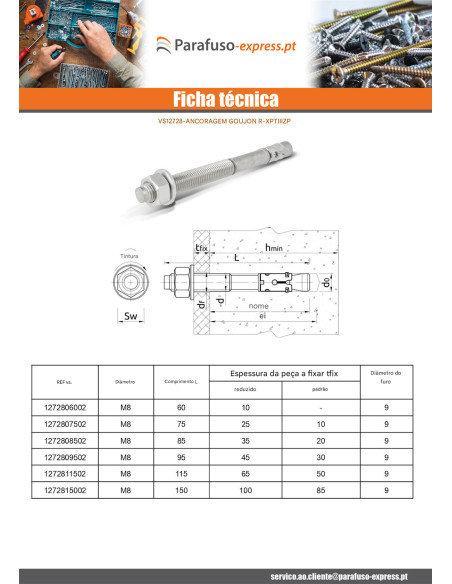 Bucha metálica Fixações R-XPT M8X65 Aço zinco branco RAWLPLUG