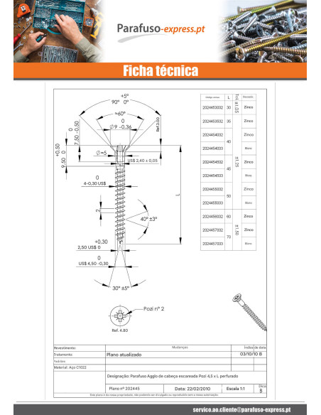 Parafuso de madeira aglomerado cabeça fresada Pozi PZ6 4,5X70 perfurada Aço zinco branco