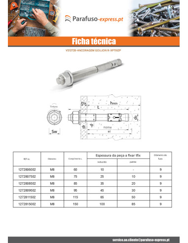Bucha metálica Fixações R-XPT M8X115 Aço zinco branco RAWLPLUG