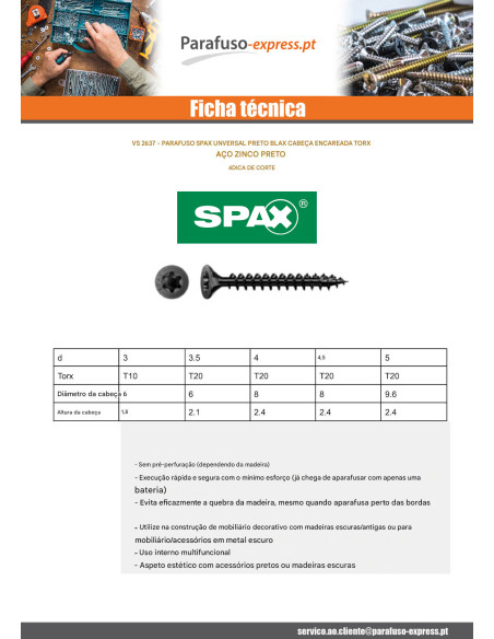 Spax Parafuso de madeira cabeça fresada TORX T20 4X30 roscado sobre 25 Aço zinco preto