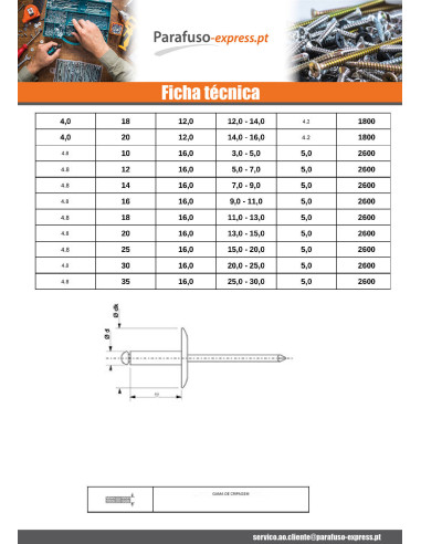 Blindklinknagels Aluminium Staalstaaf 4X16 espessura de serrilha 10 con 12 cabeça extra larga ALX