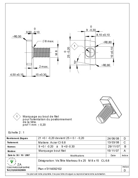 Parafuso de metais cabeça martelo M8/15 9X25 Classe 6.8 Aço zinco branco