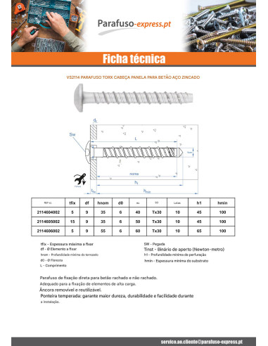 Parafuso de betão cabeça cabeça panela TORX TORX T30 6X50 Aço zinco branco