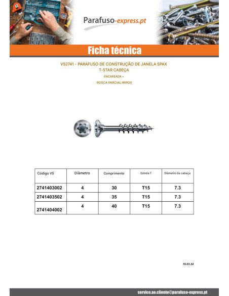 Spax V.CONSTFENET cabeça fresada T-STAR TORX T15 4X30 WIROX