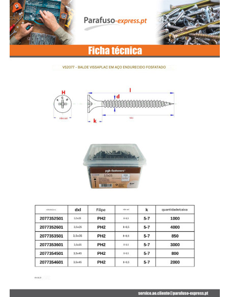 Balde de 800 Parafusos para placas de gesso Phillips 2 3,5 x 45 Aço fosfatizado