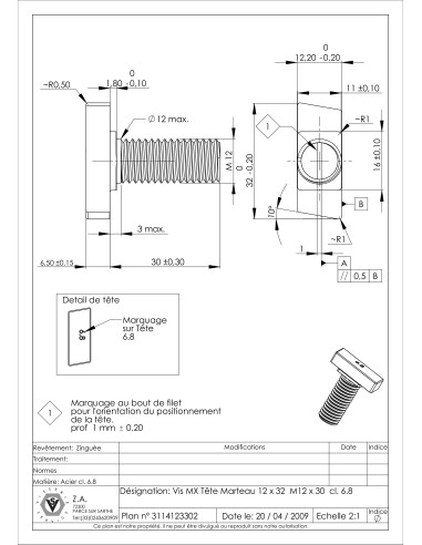 Parafuso de metais cabeça martelo M12/30 12X32 Classe 6.8 Aço zinco branco