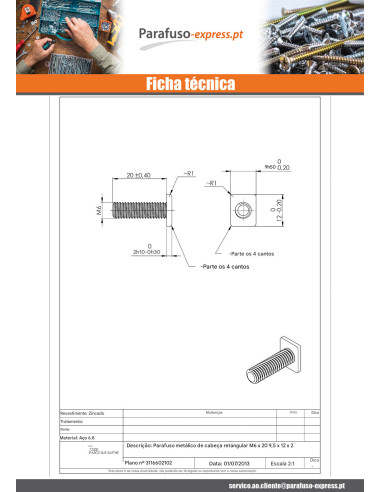 Parafuso de metais cabeça retangular M6X20 9,5 x 12 x 2 Aço zinco branco