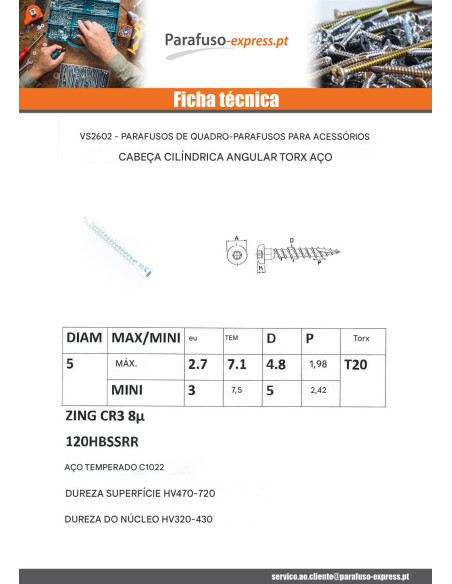 PARAFUSO FERRAGENS ANGULAR cabeça cilíndrica TORX T20 cut ponto antifenda tipo 17 Aço zinco branco 5X70