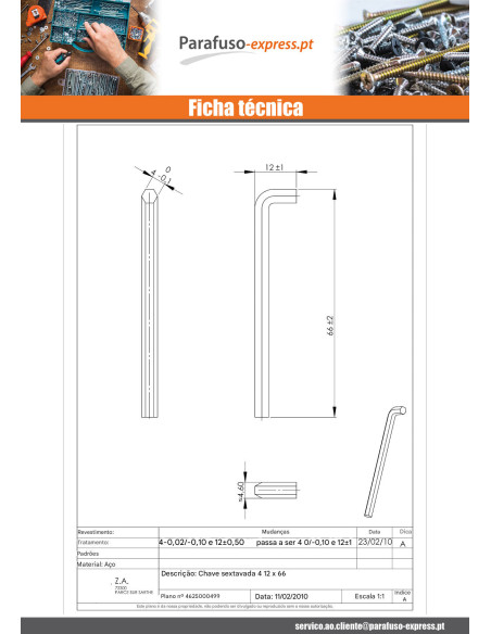 Chave allen hexagonal de 4 comprimento 66 - Parafuso Express