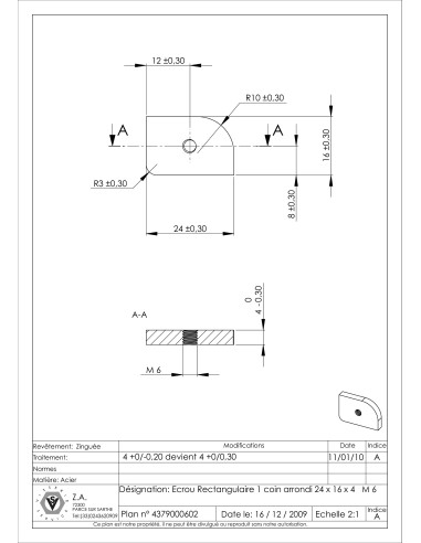 Porca RETÂNGULO 24X16X4 M6 1 CANTO ARREDONDADO Aço zinco branco