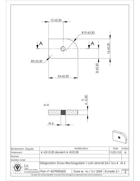 Porca RETÂNGULO 24X16X4 M6 1 CANTO ARREDONDADO Aço zinco branco
