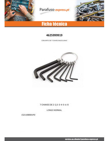 Conjunto de 7 CHAVES HOMENS hexagonal oco 2 2,5 3 4 5 6 8