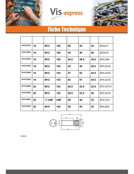 PARAFUSO de RODA Aço zinco branco M12X58,5/38 passo de rosca de 125