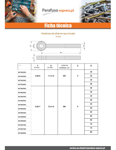 Parafuso de metais con olho M10X75 roscado sobre 26 Aço zinco branco