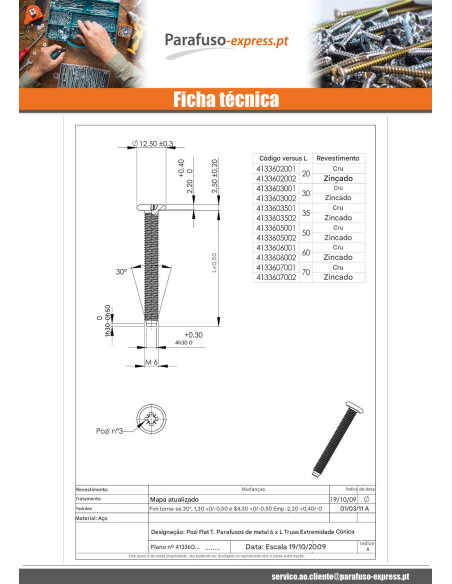 Parafuso de metais liso Pozi M6X20 Ponteira troncónico Aço zinco branco