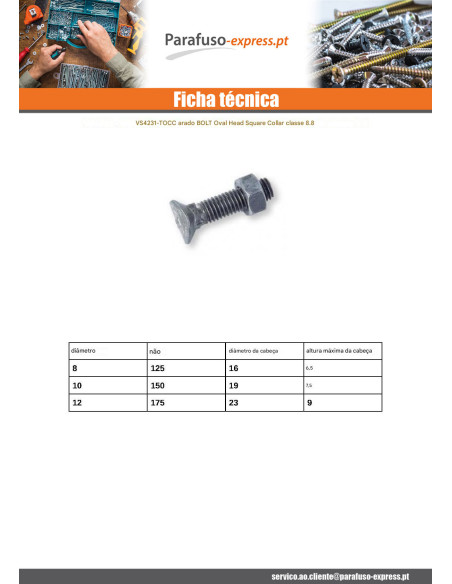 Parafuso (vendido com porca) cabeça oval gola quadrada M12X48 passo de rosca de 175 Classe 8.8 Aço zinco branco