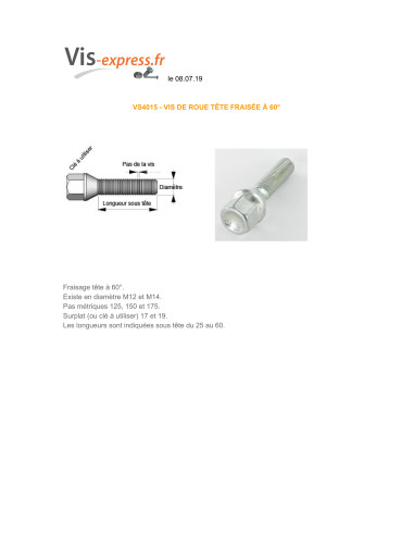 Parafuso RODA M12X50 passo de rosca de 125 S/PL19 classe 10.9 Aço zinco branco