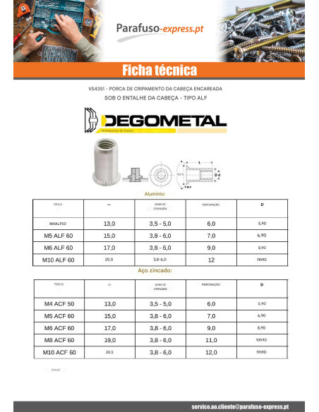 Porcas Rebite cabeça fresada M8X19 ACF 60 - Parafuso Express
