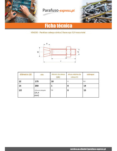 Parafuso (vendido com porca) TC2M 1/2X40 13 FIOS/POLEGADAS Classe 12.9 Aço bruto
