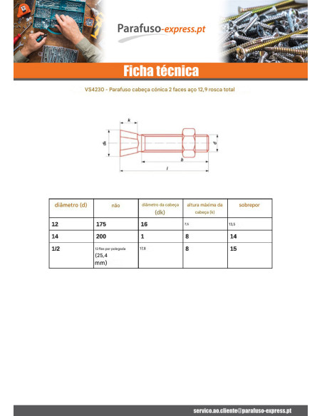 Parafuso (vendido com porca) TC2M 1/2X40 13 FIOS/POLEGADAS Classe 12.9 Aço bruto
