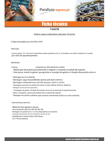 Porca Gaiola redondo M4 espessura de chapa 0,7 con 3 CV4822HG Aço zinco branco