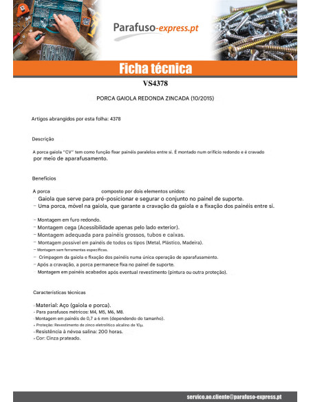 Porca Gaiola redondo M4 espessura de chapa 0,7 con 3 CV4822HG Aço zinco branco