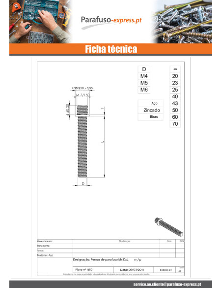 PATAS con Parafuso de metais Aço zinco branco M5X50 M7/150