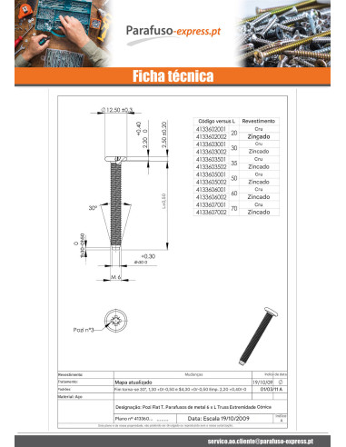 Parafuso de metais liso Pozi M6X70 Ponteira troncónico Aço zinco branco