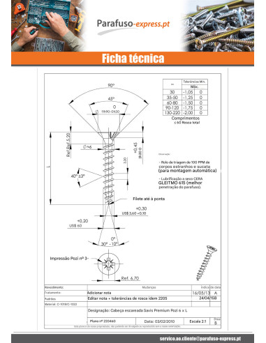 Parafuso de madeira aglomerado PREMIUM cabeça fresada Pozi PZ7 6X80 Dicromato