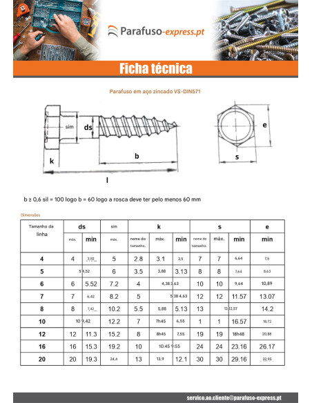 Parafusos Tirefond 8X55 Aço zinco branco - Parafuso Express