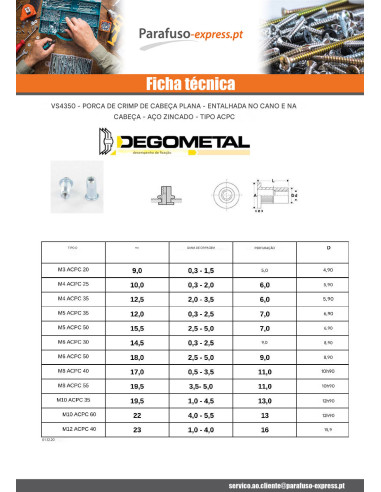 Porcas Rebite cabeça plana M5X12 ACPC35 Aço zinco branco