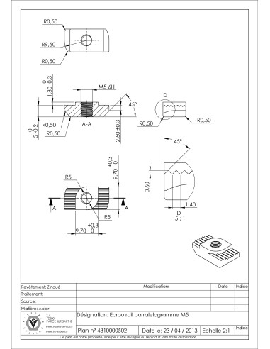 Porca para trilho tipo paralelogramo M5 Aço zinco branco