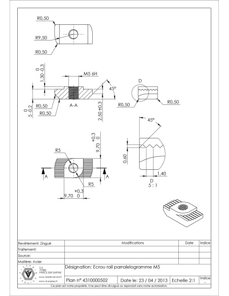 Porca para trilho tipo paralelogramo M5 Aço zinco branco